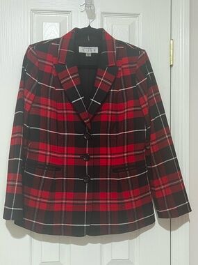 Tahari Arthur S. Levine Petite Red and Black Plaid Blazer Jacket
